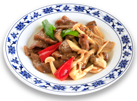 重慶茶樓|きのこフェア|牛肉とキノコのオイスターソース炒め